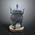 Ancient Bronze Sculpture Carving With Intricate Engravings Lid Handles And Three Legs Base