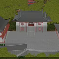 Traditional Chinese Ancient Building With Curved Grey Roofs Red Pillars And Lush Green Trees