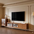 Wooden TV Stand with Glass Doors and Wall Mounted TV in Ornate Room