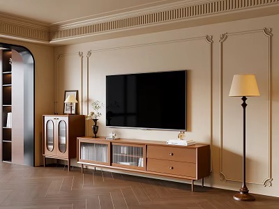 Wooden TV Stand with Glass Doors and Wall Mounted TV in Ornate Room 3d model