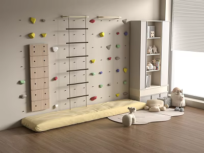 Cozy Playroom with Climbing Wall Ladder Yellow Mat Bookshelf and Stuffed Toys 3d model