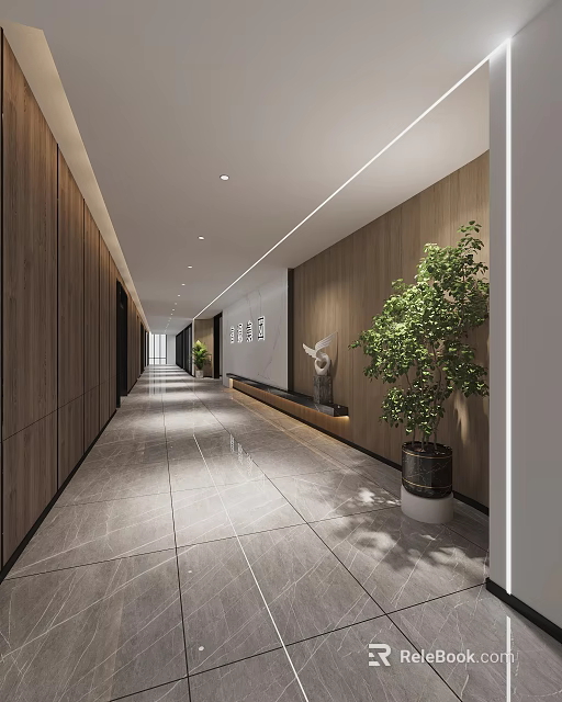 Modern Office Corridor With Wooden Walls Gray Marble Flooring And Green Plants 3d model 