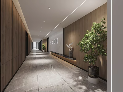 Modern Office Corridor With Wooden Walls Gray Marble Flooring And Green Plants 3d model