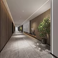 Modern Office Corridor With Wooden Walls Gray Marble Flooring And Green Plants