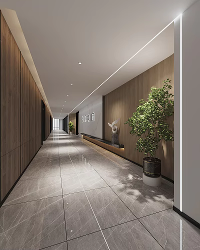 Modern Office Corridor With Wooden Walls Gray Marble Flooring And Green Plants 3d model