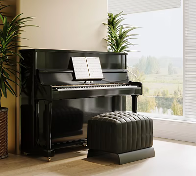 Elegant Black Yamaha Piano With Music Sheets And Tufted Stool By Window And Indoor Plants 3d model