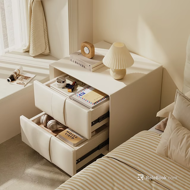 White Bedside Table with Drawers Lamp Alarm Clock and Books Near Bed 3d model 