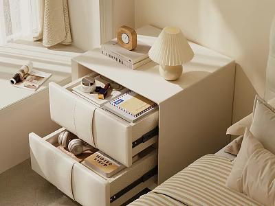 White Bedside Table with Drawers Lamp Alarm Clock and Books Near Bed 3d model