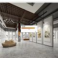 Fine Arts Exhibition Space with Paintings Display Walls Sofa and Wooden Ceiling