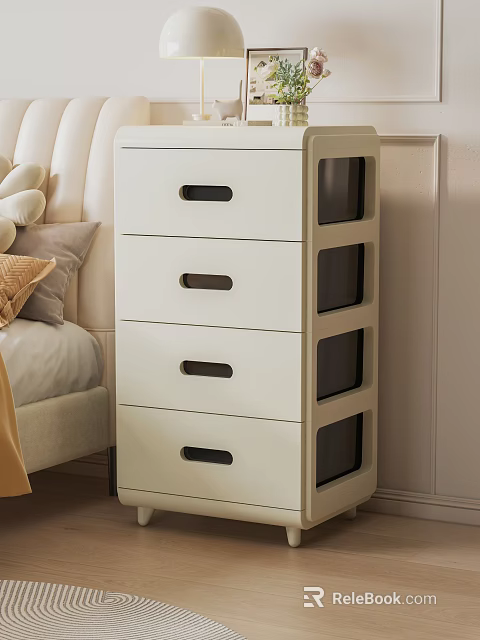 White Decorative Cabinet With Drawers And Glass Panels In Bedroom Interior 3d model 