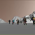 Group of People Trekking in Snowy Mountain Range With Trekking Poles And Backpacks