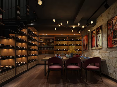 Cozy Bar Interior With Wine Racks Red Chairs Dining Table Chandeliers And Brick Walls 3d model