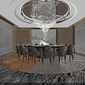 Luxurious Private Dining Room With Round Table Chandelier Wooden Walls And Patterned Carpet