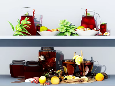 Fresh Fruits for Homemade Fruit Tea with Lemon Slices Mint Leaves and Glass Jars 3d model