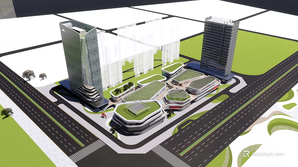 Modern Office Complex With High Rise Buildings Green Spaces And Surrounding Roads 3d model 