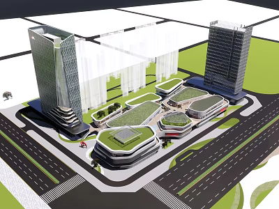 Modern Office Complex With High Rise Buildings Green Spaces And Surrounding Roads 3d model