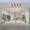 Modern Clothing Store Interior With Hanging Garments Mannequin And Display Platforms