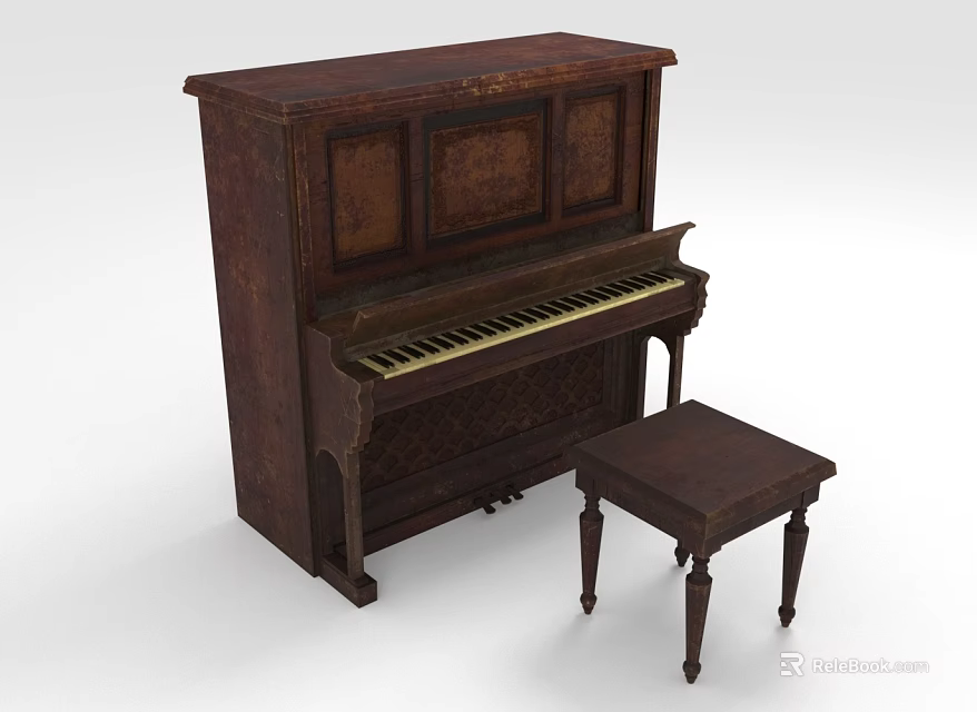Vintage Brown Upright Piano With Wooden Stool And Classic Design Elements 3d model 