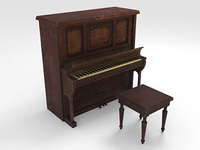 Vintage Brown Upright Piano With Wooden Stool And Classic Design Elements 3d model