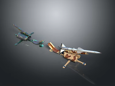 Scenic Display With Green Propeller Plane And Camouflage Jet Model 3d model