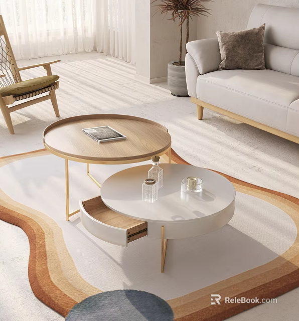 Modern Living Room Interior With Light Sofa And Round Coffee Table Set On Patterned Rug 3d model