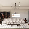 Elegant Living Room Interior With White Sofa Chandelier Oval Mirror And Patterned Rug