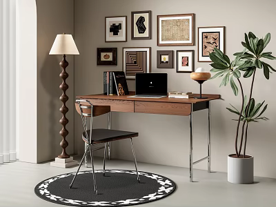 Modern Desk and Chair Set with Laptop Table Lamp Framed Artworks Floor Plant and Rug 3d model