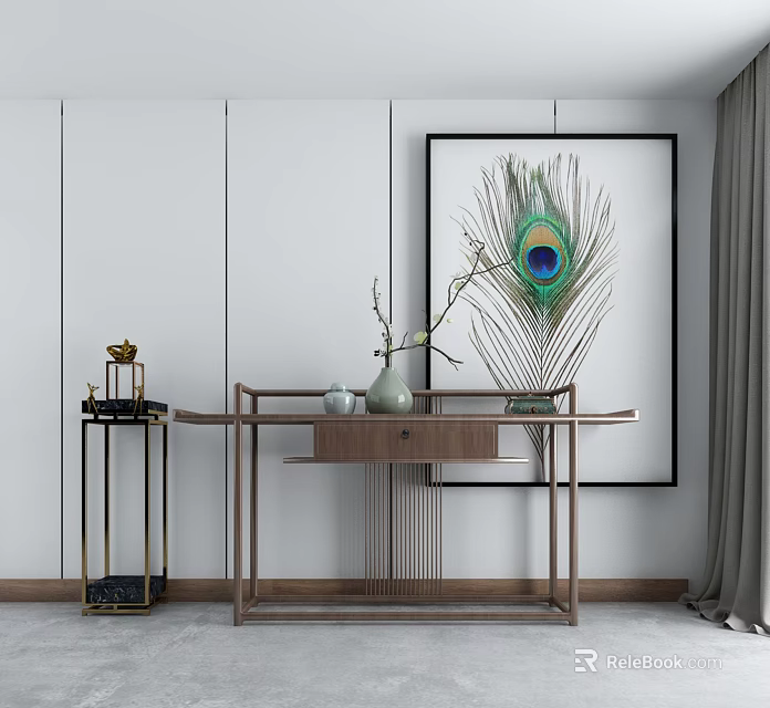 Elegant Wooden Console Table With Peacock Feather Vase And Framed Artwork 3d model