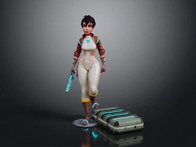 Female Character In White Bodysuit With Brown Red Coat Holding Blue Gun And Green Creature 3d model