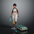 Female Character In White Bodysuit With Brown Red Coat Holding Blue Gun And Green Creature