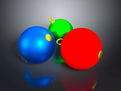 Colorful Christmas Balls In Blue Green Red With Golden Loops On Dark Background And Reflections 3d model