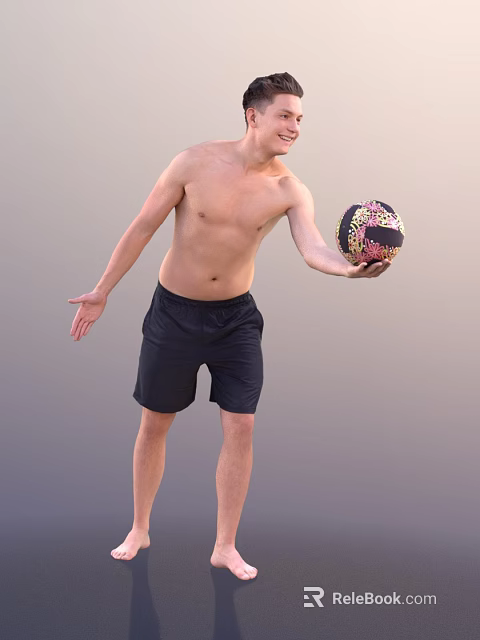 Shirtless Man in Black Shorts Holding Colorful Volleyball in Studio Setting 3d model 