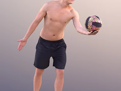 Shirtless Man in Black Shorts Holding Colorful Volleyball in Studio Setting 3d model