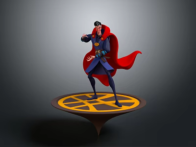 Wizard Character In Blue Outfit With Red Cape Standing On Circular Platform With Yellow Patterns 3d model
