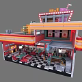 Colorful Cartoon Retro Diner Scene With Neon Sign And Classic Cars Parked Outside