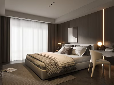 Modern Bedroom Interior Design With Large Bed Curtains And Accent Lighting 3d model