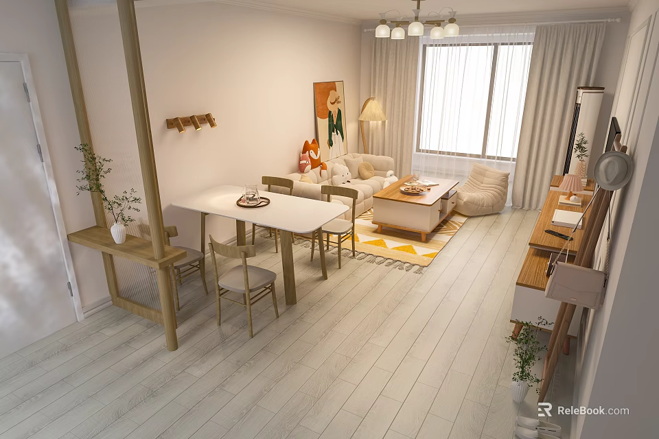 Bright Cozy Modern Living Room With Natural Light Wood Furniture And Comfortable Integrated Dining Area 3d model 