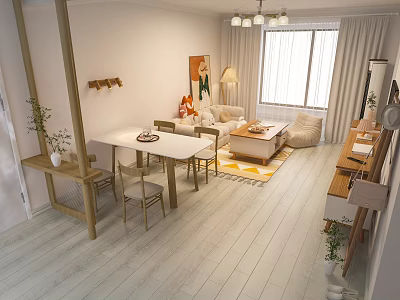 Bright Cozy Modern Living Room With Natural Light Wood Furniture And Comfortable Integrated Dining Area 3d model