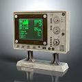 Vintage Industrial Computer Featuring Green Display Screen Metal Stand Buttons And Retro Design