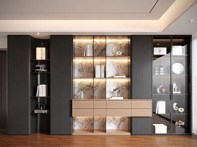 Modern Interior Decorative Cabinet With Marble Backdrop Open Shelves Glass Doors And Drawers 3d model