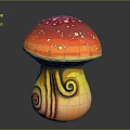 Colorful Vegetable Themed Mushroom Sculpture Featuring Red Cap With White Spots and Yellow Spiral Stem