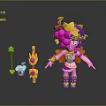 Vibrant 3D Character With Pink Hair Yellow Flower Decor And Props Long Pole Small Device