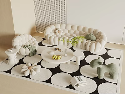 Modern Plush Sofa Round Coffee Table Set with Black White Carpet Green Plant Decor 3d model
