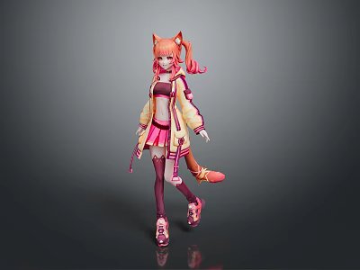 Cute Child In Anime Style With Pink Hair Pigtails Fox Ears Tail And Sneakers 3d model