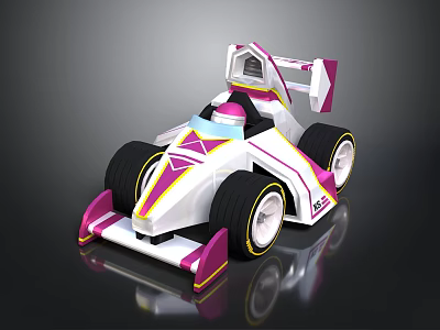 Cartoon Style White Pink Yellow Race Car With Large Wheels Rear Wing And Geometric Patterns 3d model