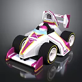 Cartoon Style White Pink Yellow Race Car With Large Wheels Rear Wing And Geometric Patterns