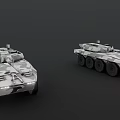 Two Military Wheeled Armored Vehicles with Camouflage Pattern and Combat Features