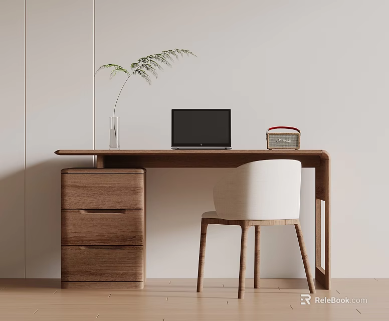 Modern Wooden Desk Setup With Laptop Vase Plant And White Chair 3d model 