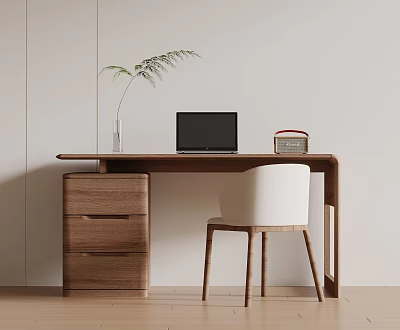 Modern Wooden Desk Setup With Laptop Vase Plant And White Chair 3d model