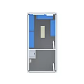 Bright Public Office Space with White Walls Ceiling Lights Printer White Cabinet and Blue Shelves